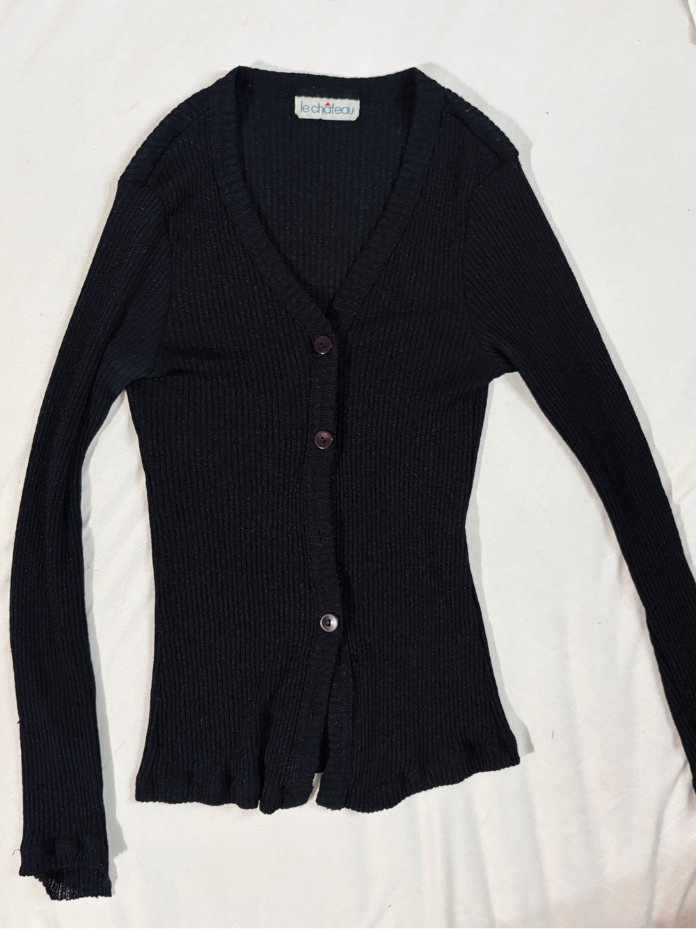 Vintage Le Chateau Black Ribbed V-Neck Button Cardigan Sweater